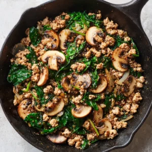 Top-down view of a Ground Turkey Skillet with golden mushrooms and dark green spinach in a cast iron skillet.