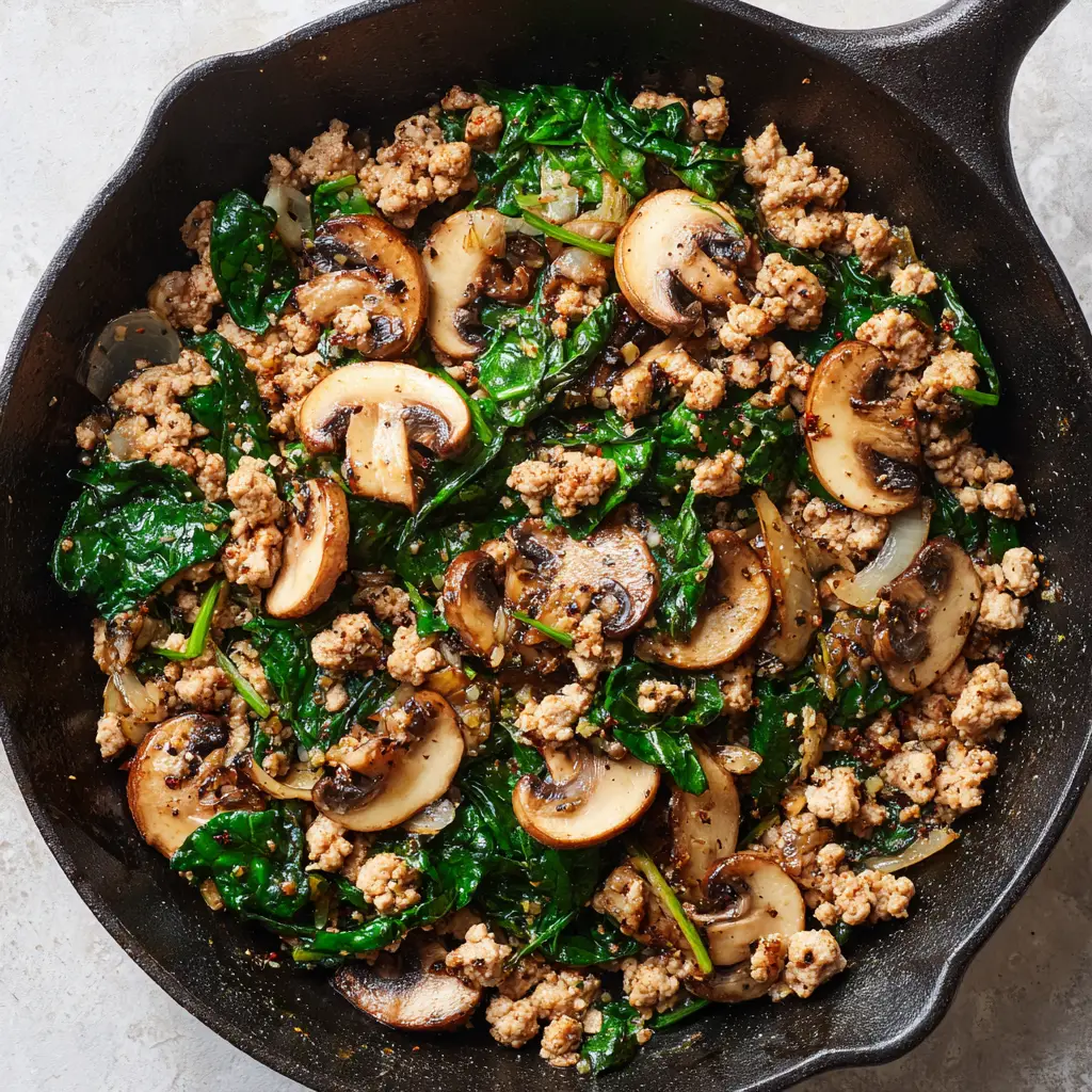 Top-down view of a Ground Turkey Skillet with golden mushrooms and dark green spinach in a cast iron skillet.