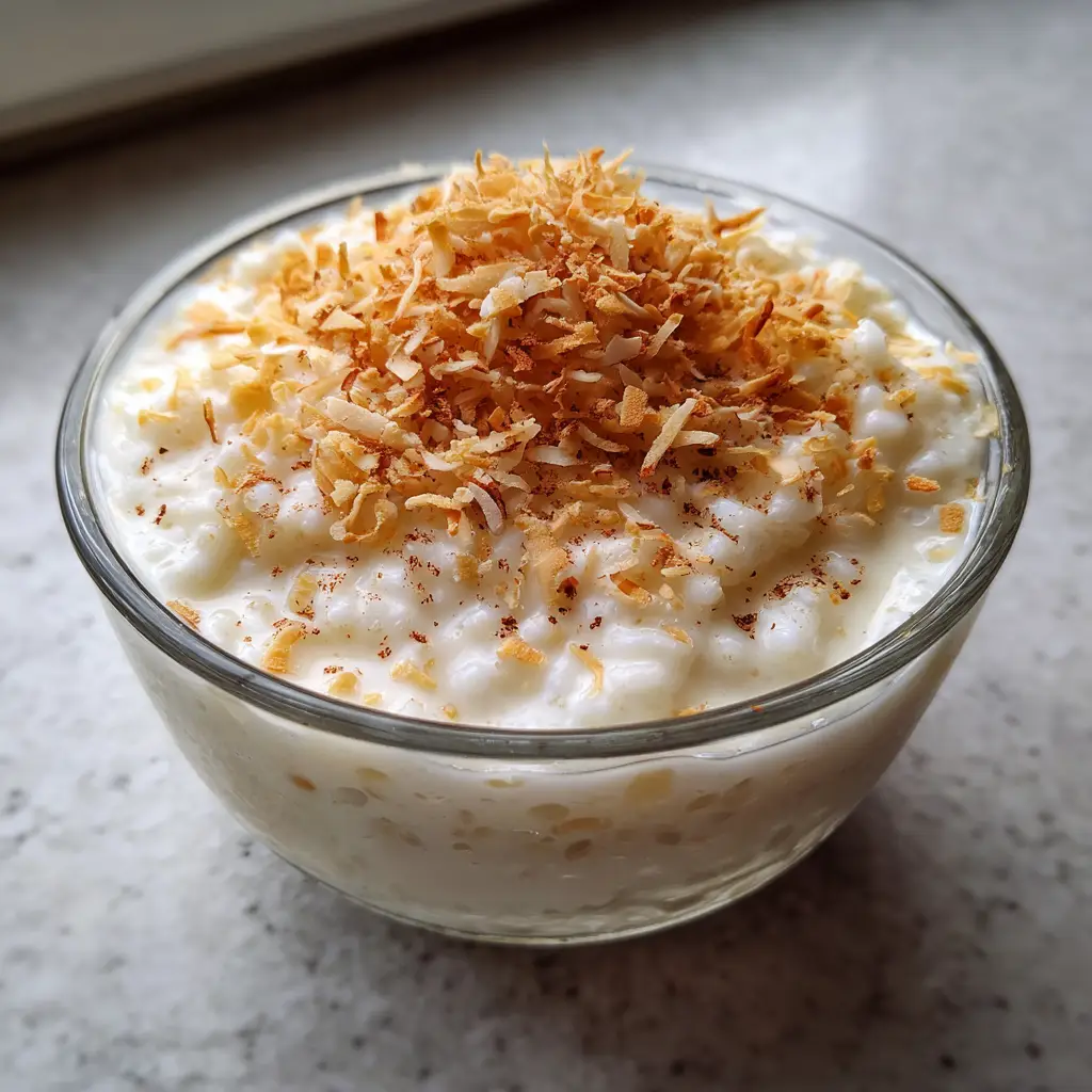 Smartphone photo of a clear glass bowl on a stone countertop showing the velvety texture of the Coconut Rice Pudding Recipe.