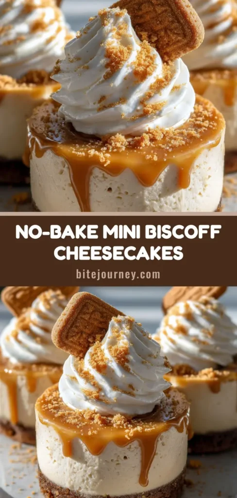 No-Bake Biscoff Cheesecake: The Ultimate Creamy Cookie Butter Dessert 4 Three mini No-Bake Biscoff Cheesecakes on a neutral plate with a thick cookie crust, creamy filling, and glossy cookie butter drizzle.