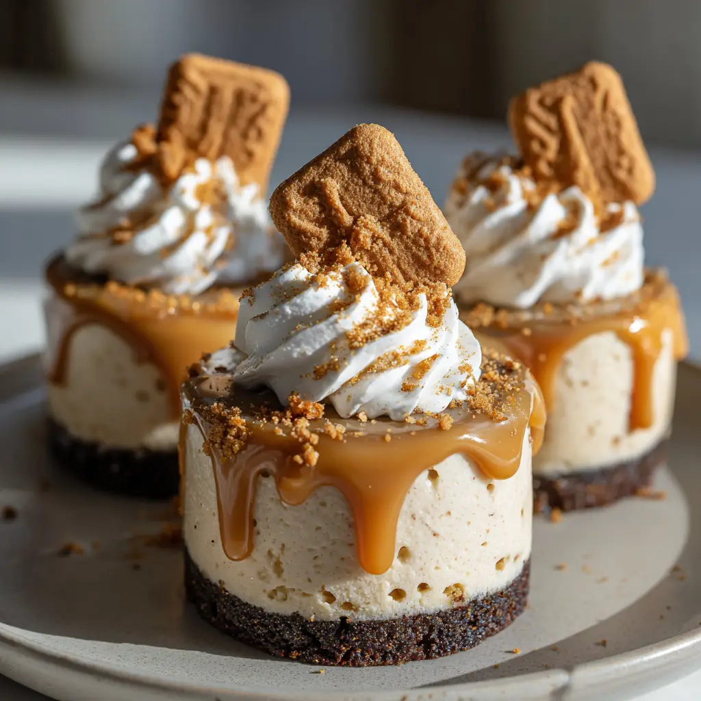 Close-up handheld photo of mini No-Bake Biscoff Cheesecake with whipped cream swirls and biscuit shards.