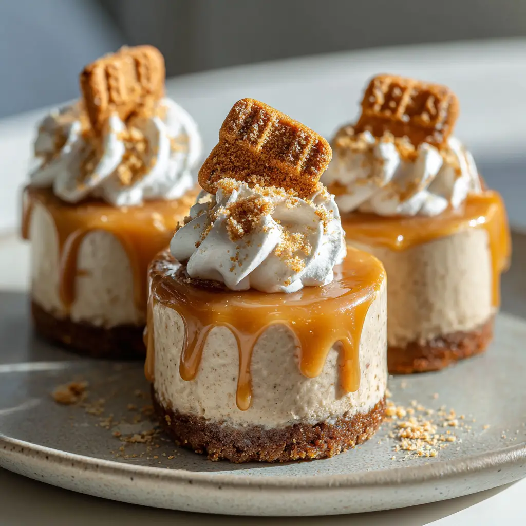 No-Bake Biscoff Cheesecake: The Ultimate Creamy Cookie Butter Dessert 1 Authentic mobile photography of Biscoff cheesecakes showing the glossy golden-brown drizzle spill over the edges.