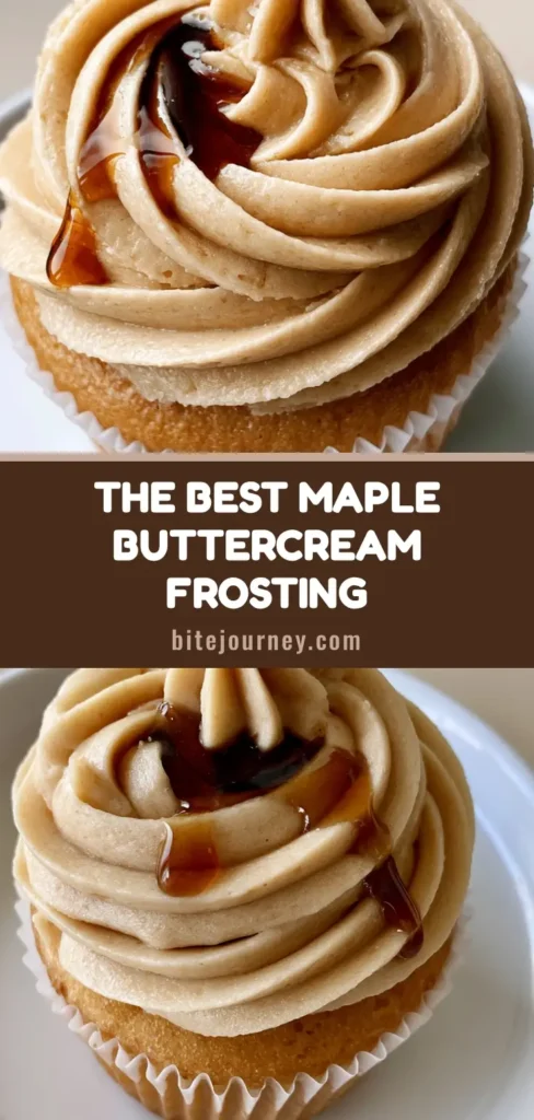 A close-up shot of Maple Buttercream Frosting with a deep swirl, sharp piping ridges, and a glistening pool of maple syrup on a vanilla cupcake.