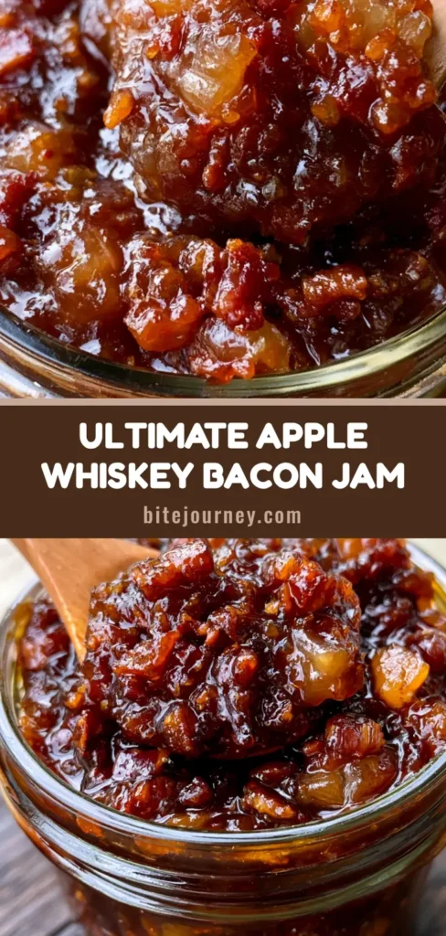A close-up vertical shot of a glass jar filled with chunky Apple Whiskey Bacon Jam featuring visible Fuji apple cubes and crispy bacon bits, served with a wooden spoon.
