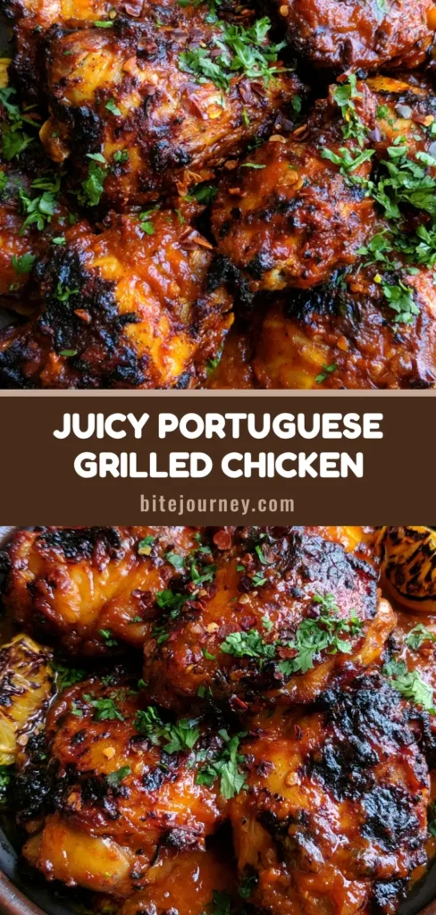 A close-up of Portuguese Grilled Chicken with charred skin and thick reddish piri-piri sauce on a dark rustic plate.