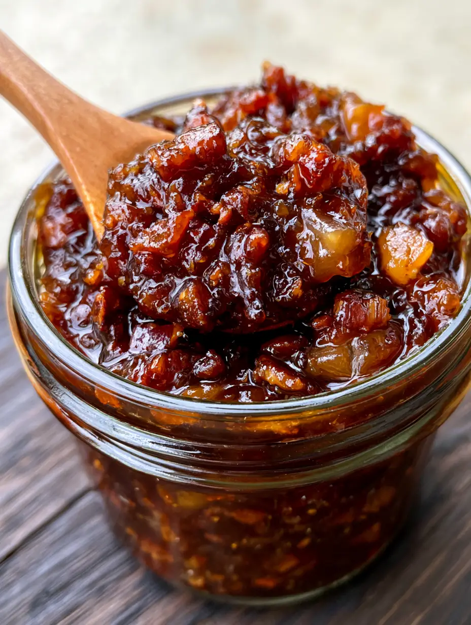 Handheld photo of a glass jar filled with glossy mahogany brown Apple Whiskey Bacon Jam, showing the thick syrupy texture and apple pieces.