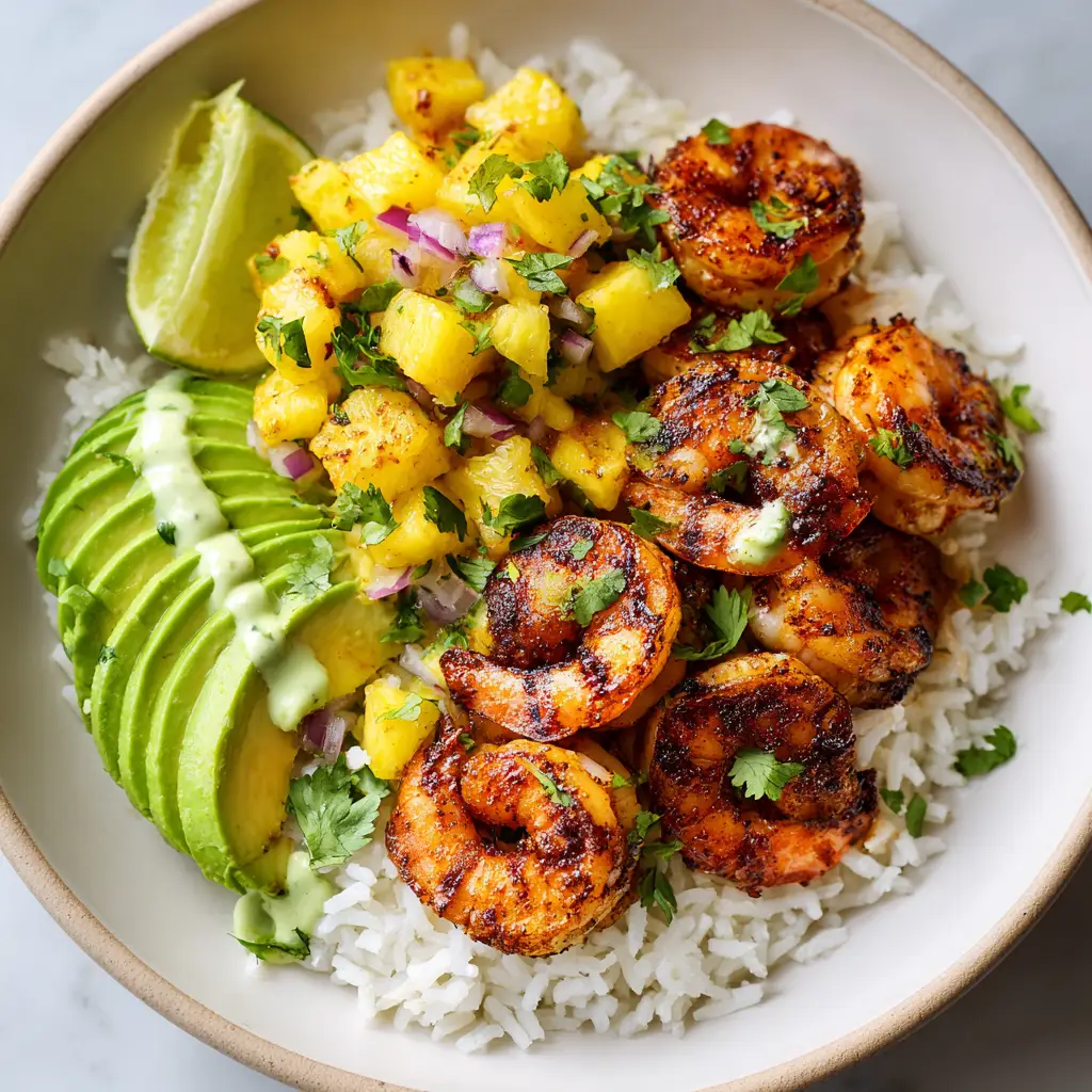 A smartphone-style photo of a Shrimp Rice Bowl with a zigzag of green avocado crema.