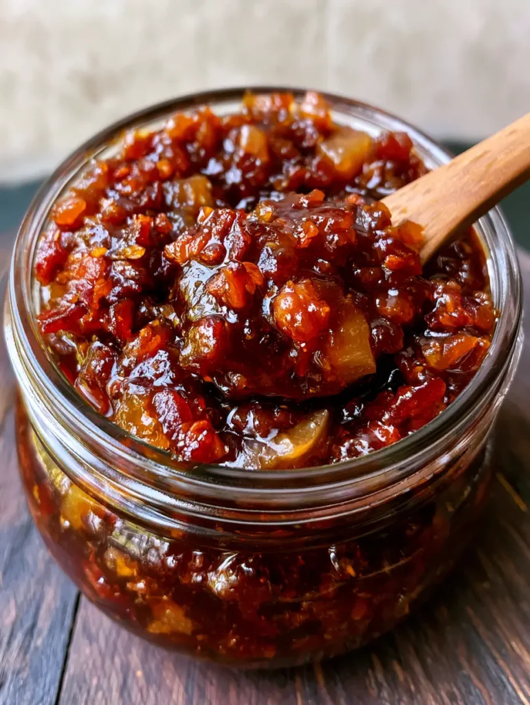 A close-up of a wooden spreader lifting a portion of Apple Whiskey Bacon Jam from a jar, highlighting the whiskey reduction glaze.