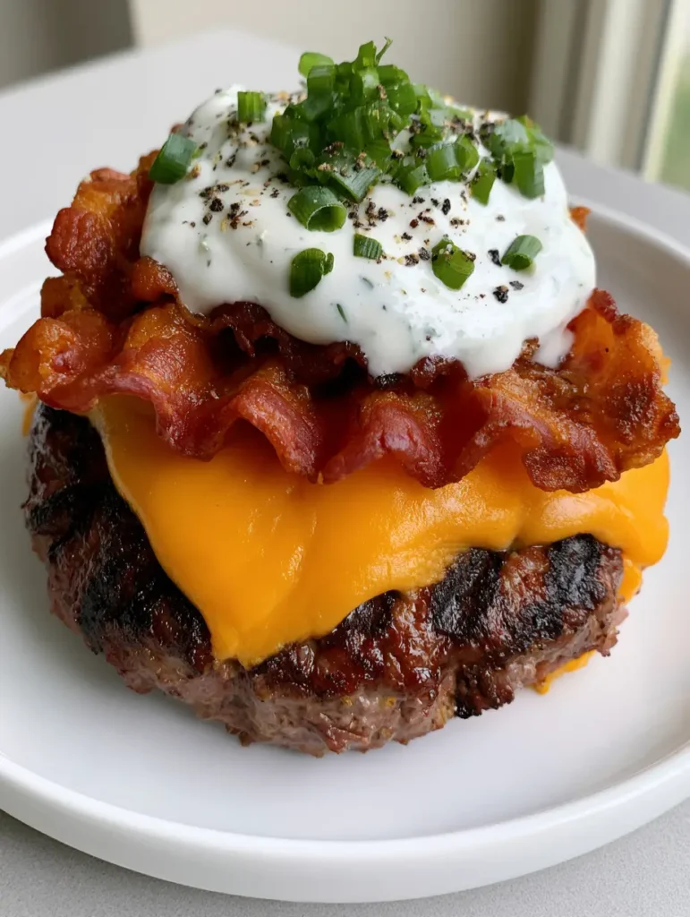 A thick juicy seared beef patty with grill marks and melted orange cheddar cheese (Keto Crack Burgers).