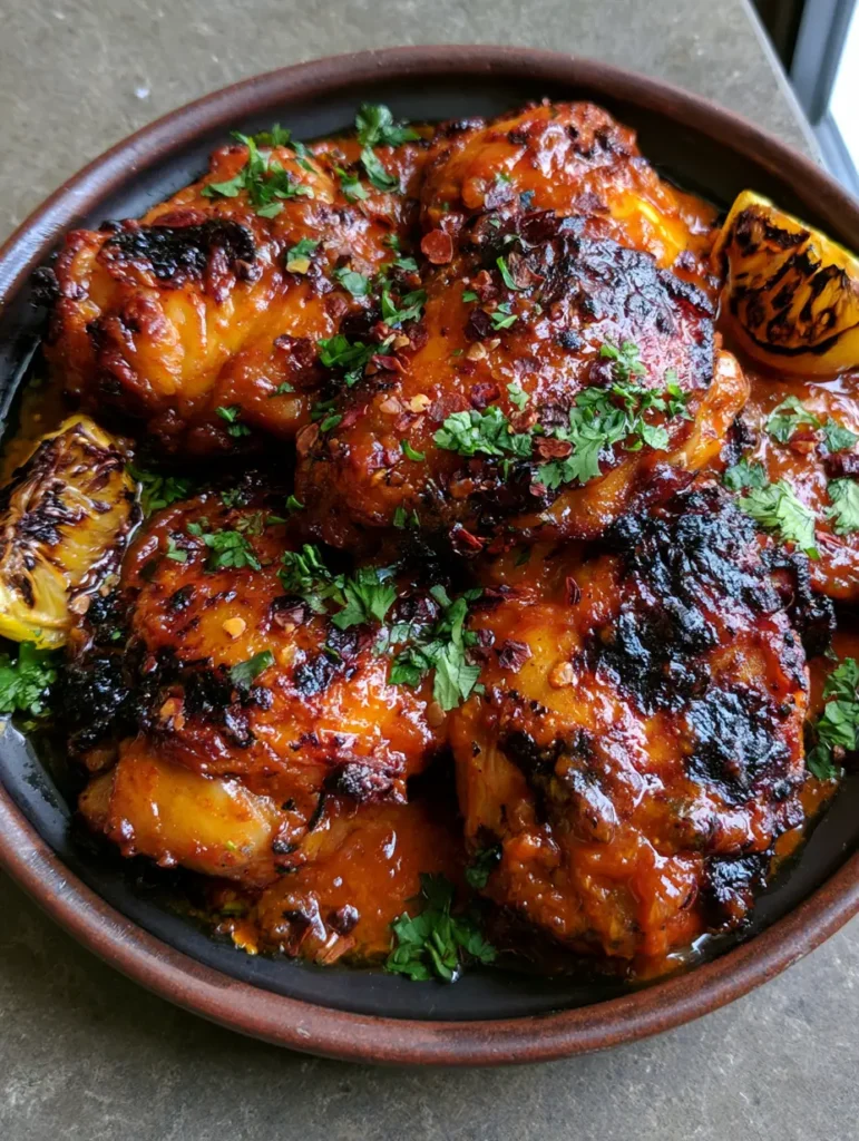 Close up of charred chicken skin with red chili flakes and fresh cilantro garnish on a grey countertop.