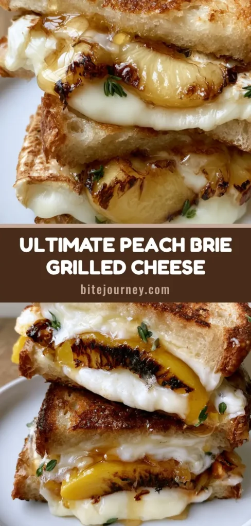 A stacked Peach and Brie Grilled Cheese on sourdough with melted brie and charred peaches. (Peach and Brie Grilled Cheese)