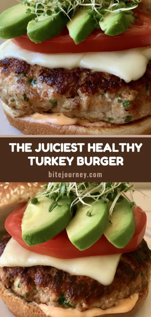 A towering Juicy Ground Turkey Burger Recipe with a seared patty, melted provolone, avocado, and alfalfa sprouts on a sesame bun.