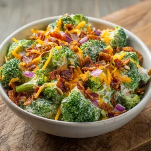 High-angle smartphone photo of Broccoli Salad with Bacon on a wooden table. (Broccoli Salad with Bacon)