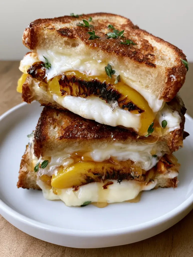 Close up of caramelized peach slices with char marks and honey drizzle inside a grilled cheese sandwich.