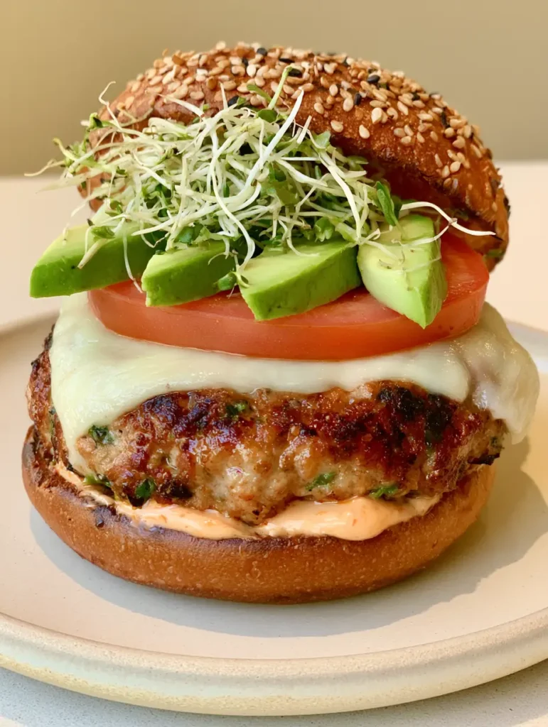 A handheld smartphone photo of the finished Juicy Ground Turkey Burger Recipe featuring bright green avocado and alfalfa sprouts.
