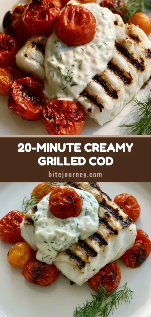 A minimalist plate featuring Grilled Cod with Dill Sauce, showing dark char marks, blistered tomatoes, and a velvety white sauce.