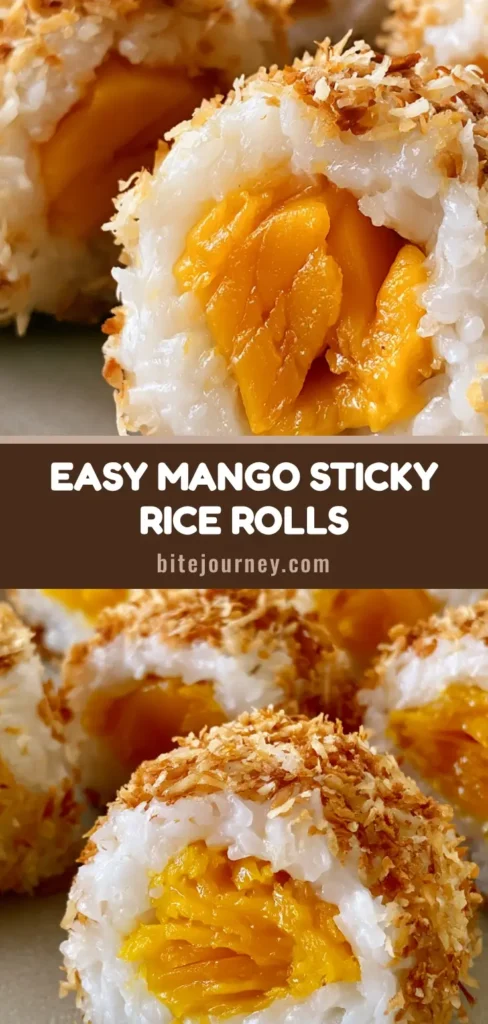 A close-up of Thai Mango Sticky Rice Rolls coated in golden toasted coconut flakes on a neutral ceramic plate. (Mango Sticky Rice Rolls)