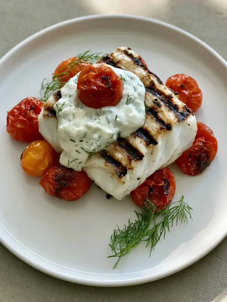Close up of Grilled Cod with Dill Sauce on a white plate with charred cherry tomatoes and fresh dill sprigs.