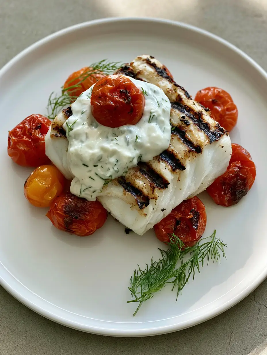 Close up of Grilled Cod with Dill Sauce on a white plate with charred cherry tomatoes and fresh dill sprigs.