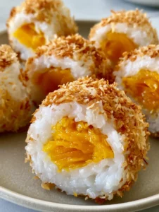 Handheld photo showing the translucent white rice and vibrant orange mango center of Mango Sticky Rice Rolls. (Mango Sticky Rice Rolls)