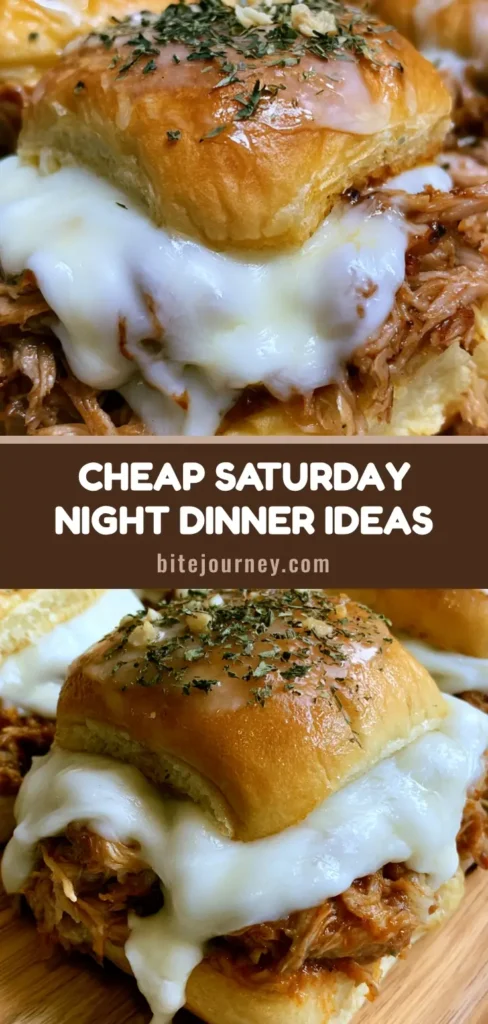 A close up of warm pulled pork sliders with melted mozzarella cheese and garlic butter glaze. (Cheap Saturday Night Dinner Ideas)