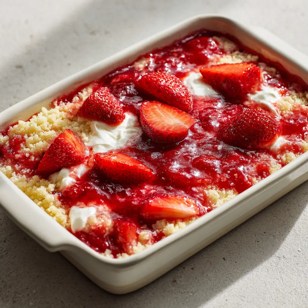 Spoon digging into a Strawberry Cheesecake Dump Cake with visible golden crumble and fresh strawberry garnish.