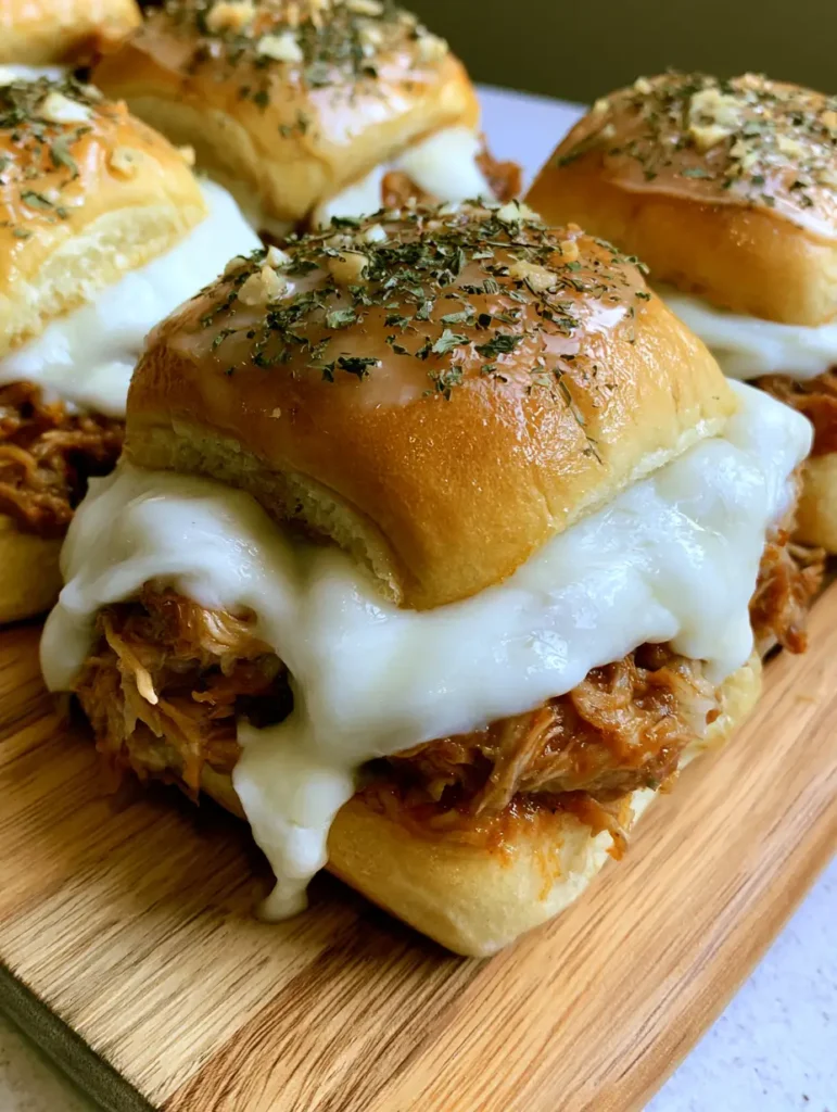 Melted mozzarella cheese dripping from savory pulled pork sliders.