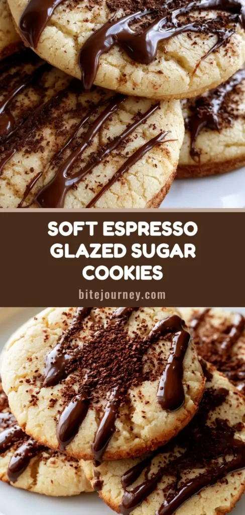 A stack of Coffee Sugar Cookies with a thick espresso glaze drizzle and coffee granule garnish on a white plate.