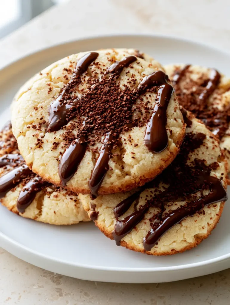 Coffee Sugar Cookies on a white plate with dark mocha glaze and coffee granules.