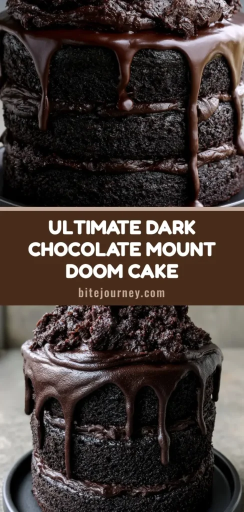 A towering three-layer Dark Chocolate Mount Doom Cake with heavy ganache drips on a black pedestal.