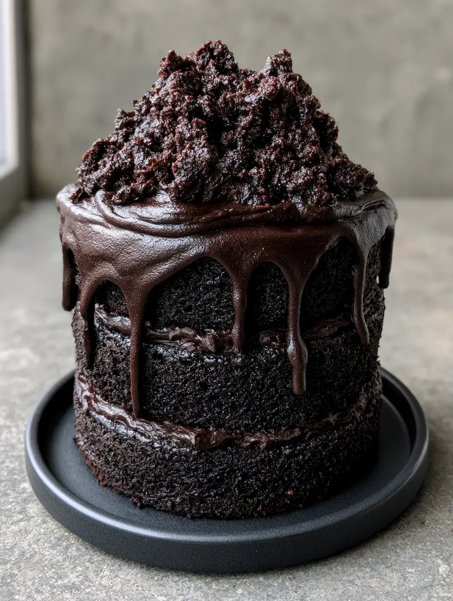 A tall dark chocolate cake with obsidian layers and thick ganache. (Dark Chocolate Mount Doom Cake)