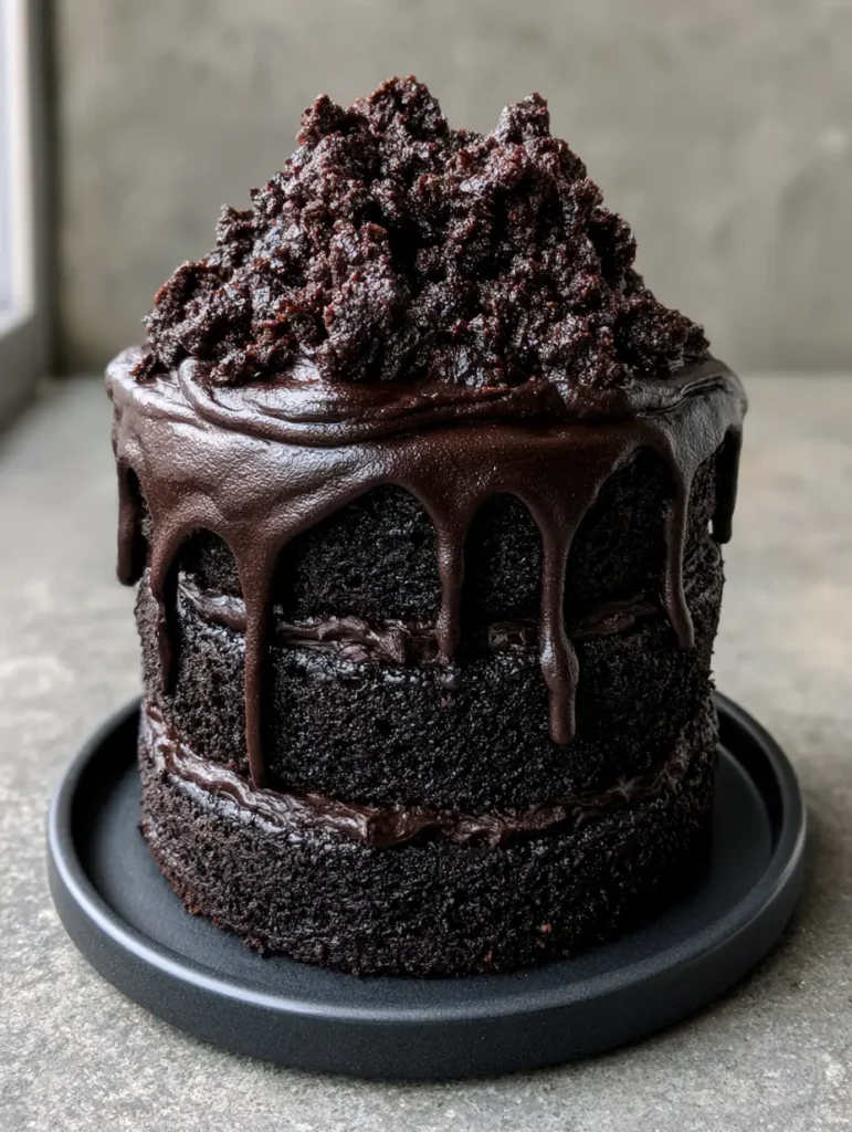 Side view of the Dark Chocolate Mount Doom Cake showing semi-matte ganache drips.