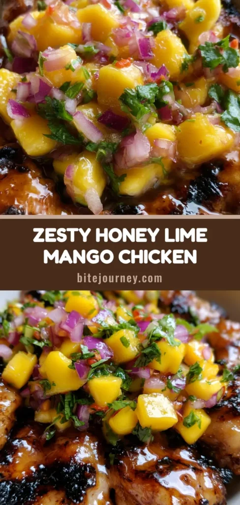 A close-up vertical photo of grilled honey lime chicken strips topped with chunky mango salsa in a white bowl. (Honey Lime Chicken with Mango Salsa)