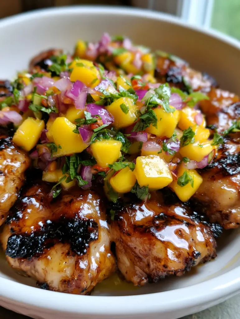 Close up of charred chicken strips with a glossy amber honey-lime glaze. (Honey Lime Chicken with Mango Salsa)