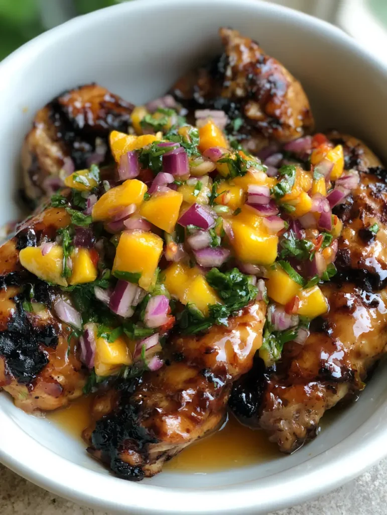 Spoonful of vibrant mango salsa featuring red onion and cilantro over honey lime chicken. (Honey Lime Chicken with Mango Salsa)