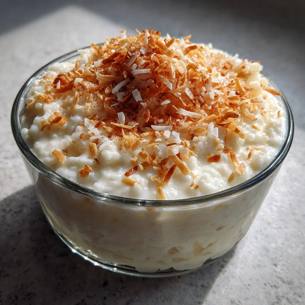 A close-up of the thick, dense coconut cream and soft white rice in a Coconut Rice Pudding Recipe.
