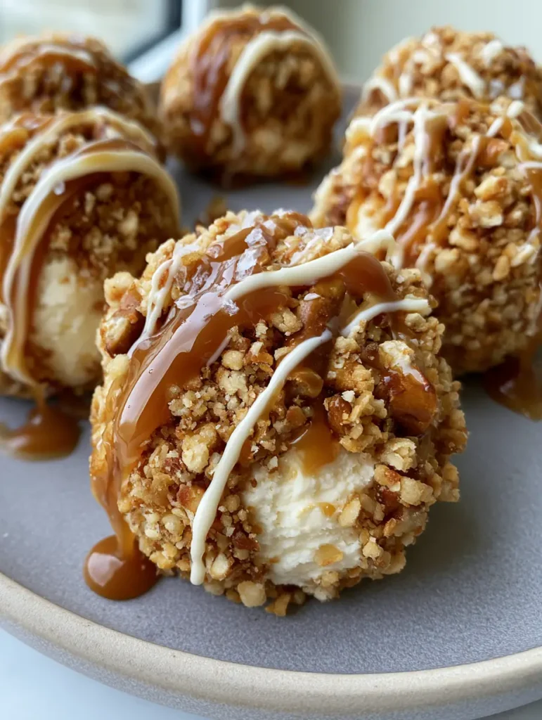 Salted Caramel Pretzel Cheesecake Bites: The Ultimate Salty-Sweet Dessert 1 A detail shot showing the viscous amber caramel sauce and white chocolate lines on Salted Caramel Pretzel Cheesecake Bites.
