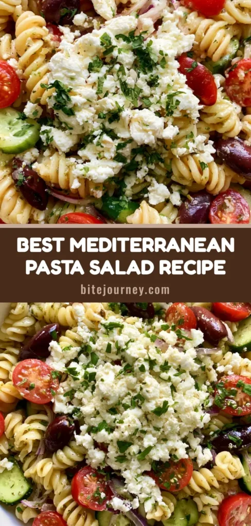 Mediterranean Pasta Salad Recipe: The Ultimate Fresh Summer Side 4 A large white bowl filled with Mediterranean Pasta Salad featuring rotini, cherry tomatoes, cucumbers, olives, and crumbled feta cheese.