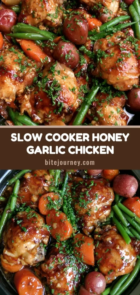 A close-up shot of Slow Cooker Honey Garlic Chicken with glossy glazed chicken thighs, red potatoes, and vibrant green beans garnished with parsley.