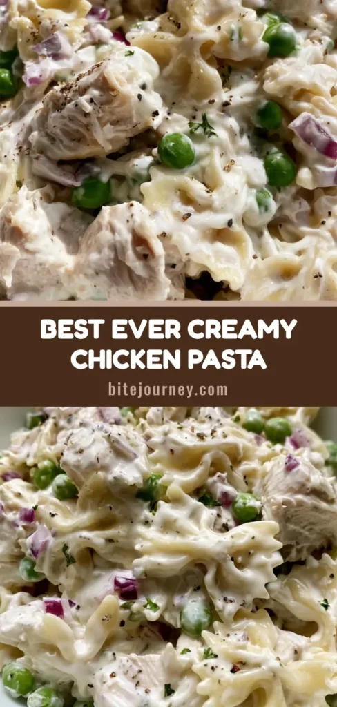 Creamy Chicken Pasta Salad with Farfalle and Sweet Peas 4 A close-up shot of Creamy Chicken Pasta Salad featuring bow-tie pasta, diced chicken, and green peas in a white bowl.