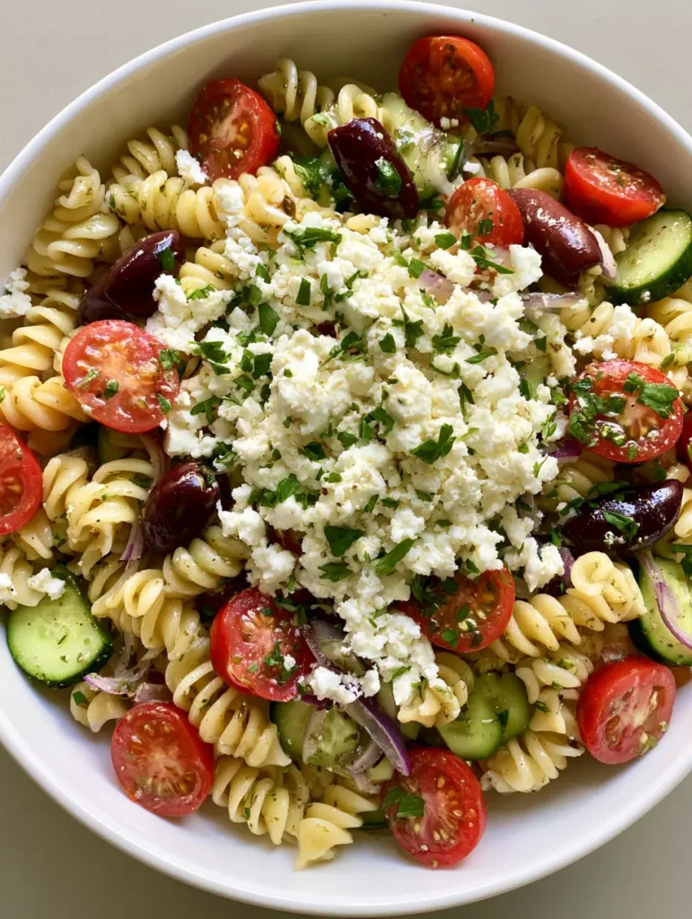 Top-down view of a Mediterranean Pasta Salad in a white bowl showing glistening rotini and fresh herbs.
