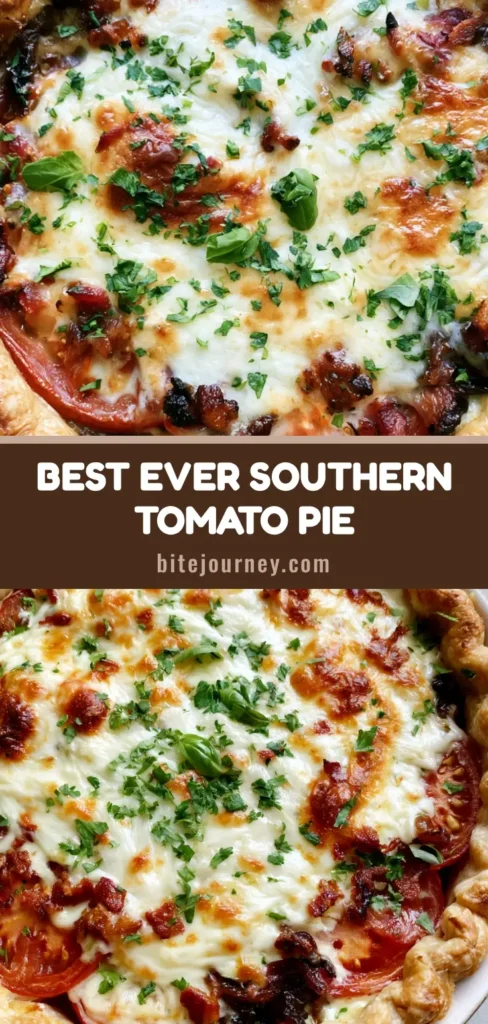 A vertical shot of a Southern Tomato Pie with a crimped flaky crust, topped with toasted cheese bubbles and fresh basil, ready for Pinterest.