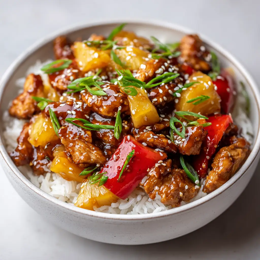 Close up of Sweet Hawaiian Crockpot Chicken showing the glossy dark amber sauce and vibrant red bell peppers.
