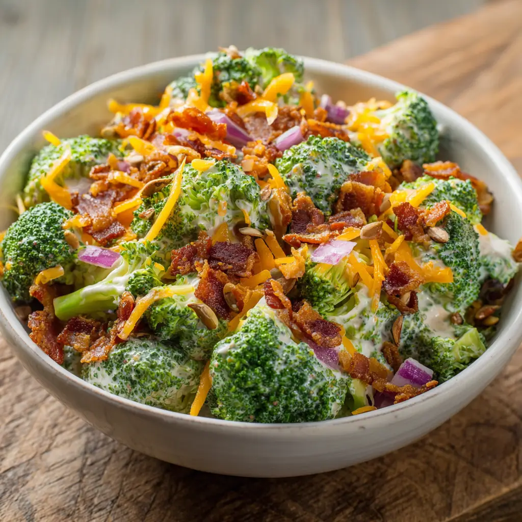 Close up of the creamy dressing sheen on a fresh Broccoli Salad with Bacon.