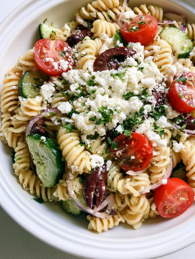 Mediterranean Pasta Salad Recipe: The Ultimate Fresh Summer Side 1 Freshly prepared Mediterranean Pasta Salad highlighting the feta cheese and kalamata olives.