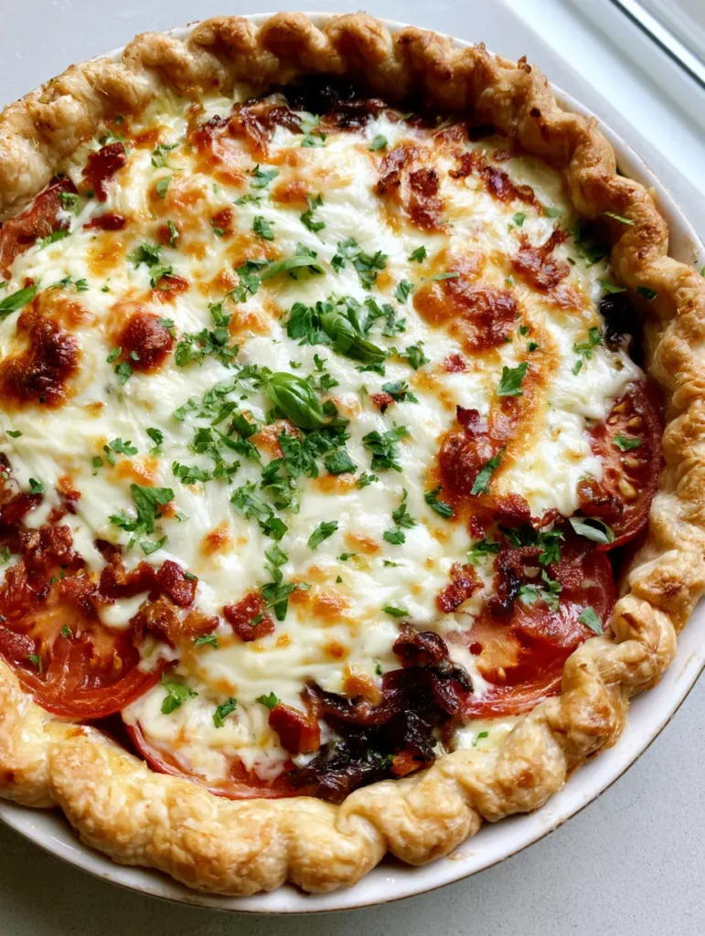 Top-down view of Southern Tomato Pie in a rustic white ceramic dish showing layers of red tomatoes and crispy bacon crumbles.