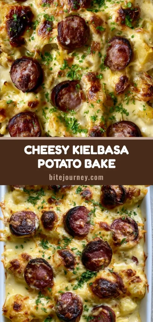 An overhead view of a bubbling Kielbasa Potato Casserole in a white ceramic dish featuring seared sausage coins and melted sharp cheddar cheese with golden-brown spots.