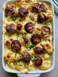 A close-up shot of Kielbasa Potato Casserole showing the thick creamy sauce, seared sausage edges, and fresh parsley garnish.