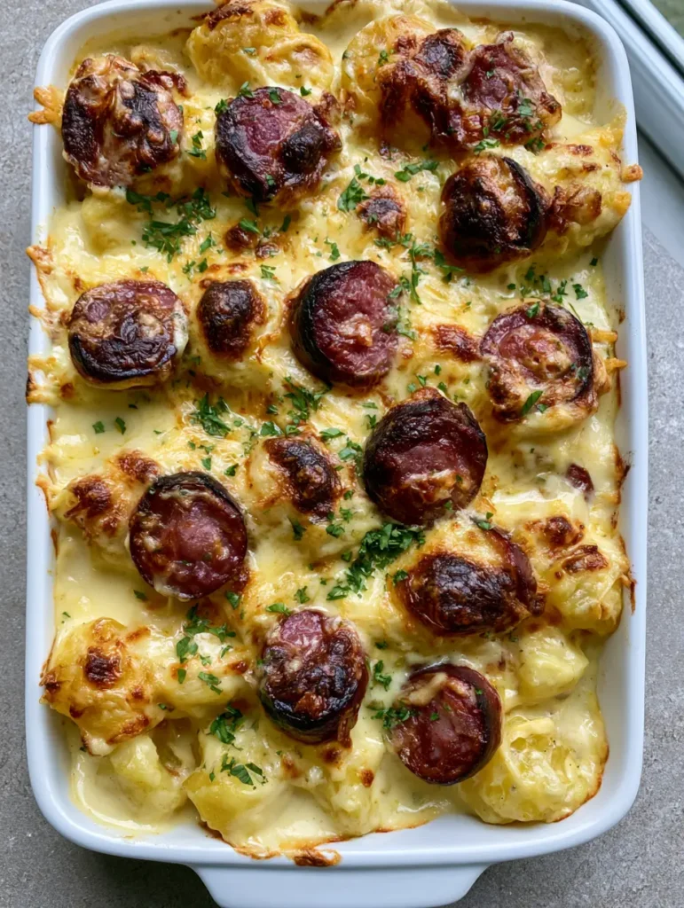 A close-up shot of Kielbasa Potato Casserole showing the thick creamy sauce, seared sausage edges, and fresh parsley garnish.