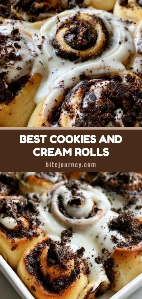 Cookies and Cream Cinnamon Rolls with White Cream Cheese Glaze 4 A tray of freshly baked Cookies and Cream Cinnamon Rolls topped with thick white glaze and crushed dark chocolate cookies.